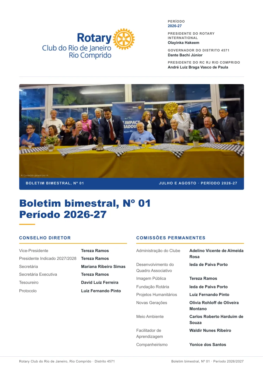 Capa do Boletim bimestral nº 01 do Rotary Rio Comprido, julho e agosto de 2026